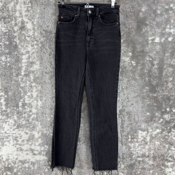 H&M Size 2 Denim Raw Hem Cotton Tapered Jeans Black Button Zip Pockets - Picture 1 of 12